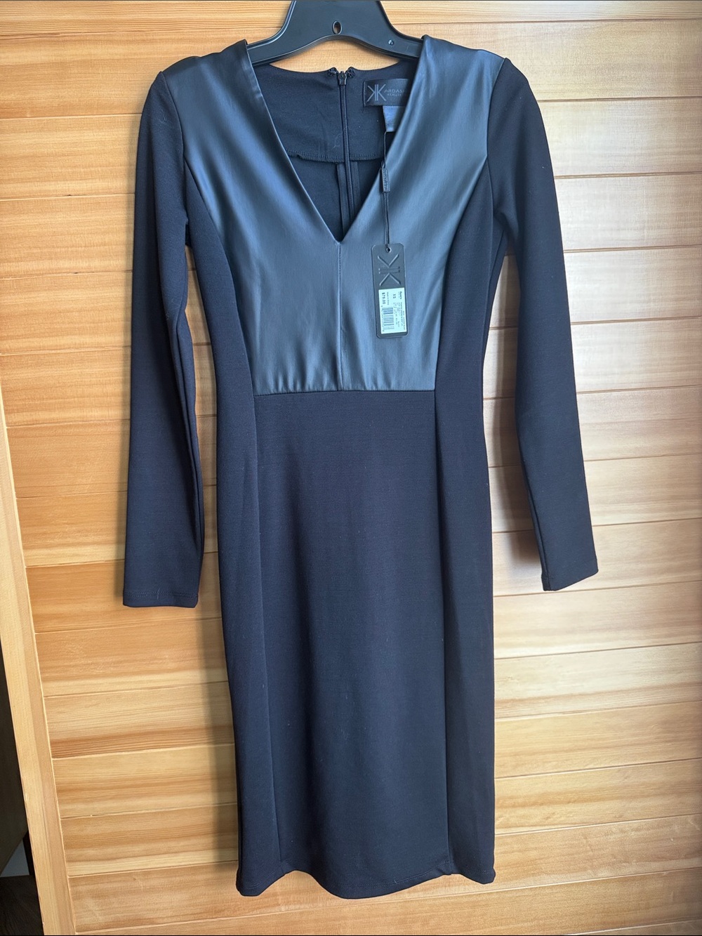 Kardashian Kollection Black Long-Sleeve Dress with Faux-Leather V-Neck
